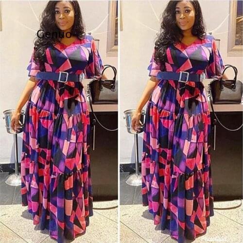 2021 Spring Summer Womens Dress African Print Boho Long Dresses Elegant Short Sleeve Chiffon Robe Party Gowns Lady Outfits