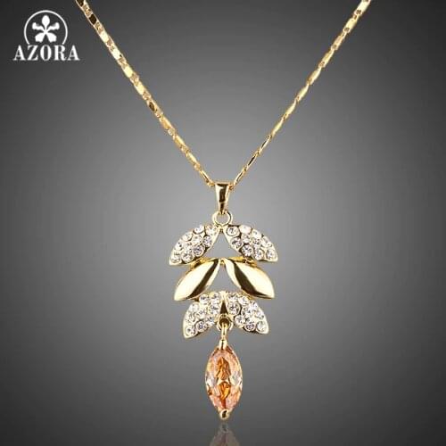 AZORA Gold Color Gold Color Austrian Crystals Leaves Design Pendant Necklace TN0002