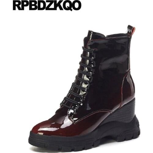 Wedge Muffin Luxury Brand Shoes Women Flatform Patent Leather Boots Ankle Fashion Lace Up Red Booties High Heel Platform Size 4