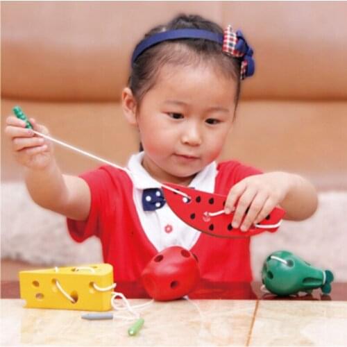 Baby Kids Montessori Teaching Aids Wooden Threading Toy Wooden Puzzle Enlightenment Game Toys Insects Eat Fruit Cheese Maze Toy
