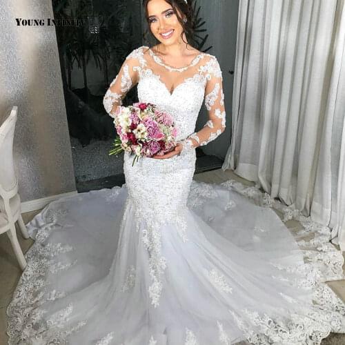 Elegant Mermaid Wedding Dresses 2021 Long Sleeves Bridal Gown Button Back Scoop Chapel Train Applique White Plus Size Bride