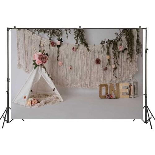 Baby Girl Boho 1st Birthday Photography Background Bohemian Smash Cake Portrait Banner Tepee Macrame Decorations Photo Backdrop
