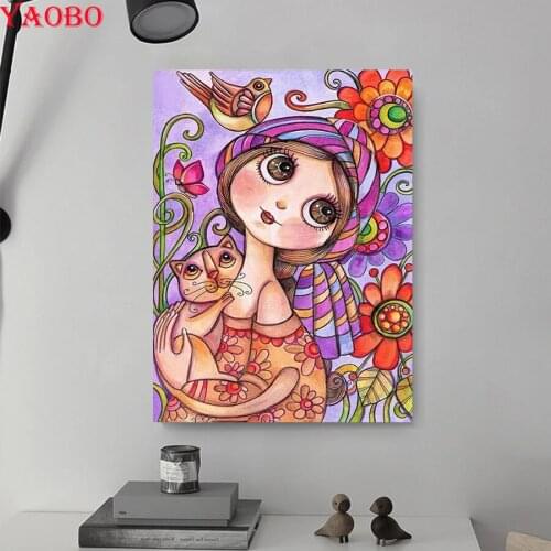 Cartoon girl and cat 5d diy diamond painting full square drill mosaic picture of rhinestones Diamond embroidery flower girl