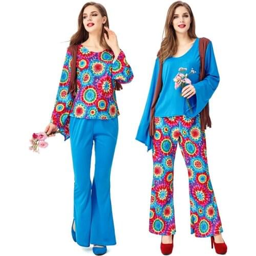 Retro 60s 70s Hippie Costume Cosplay Hip-hop Singer Retro Horn Trousers Couple Suit