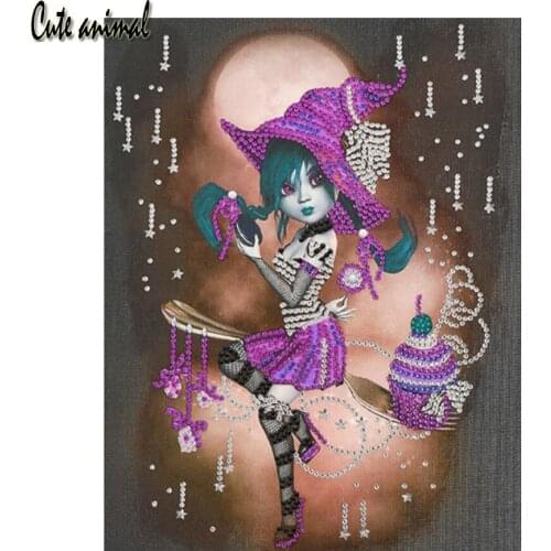DIY Full Square Drill 5D Diamond Painting Cartoon Girl Witch Resin Rhinestone Mosaic Embroidery Kit Children Room Decoration