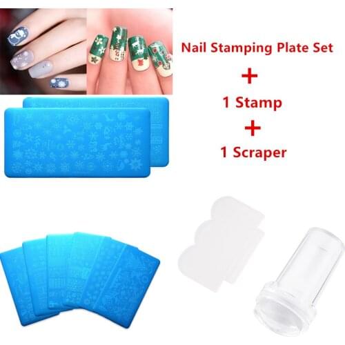 Christmas Nail Stamping Plate Set 4 Sheets Stainless Steel Nail Art Printing Plates + 1 Stamp + 1 Scraper Snowflakes Elk Mode
