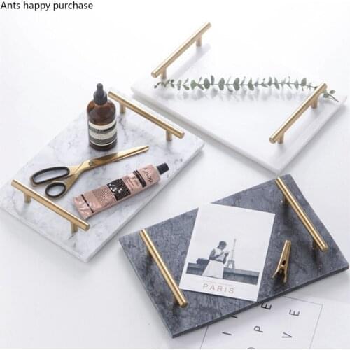 Nordic Style Natural Marble Tray Cosmetic Storage Tray Golden Handle Cake Fruit Sushi Plate Trays Decorative Home Storage
