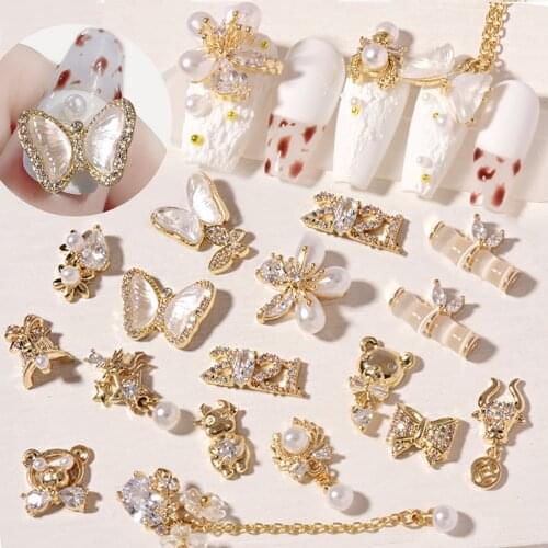 2021 New Year Nail Rhinestones Nail Chains Jewelry Pearl Bow Bear Pendant Manicure Drills Nail Art Decorations 2PCS