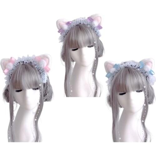 Lolita Plush Bear Ears Hair Hoop Ruffle Lace Headband with Bow Beaded Anime Fancy Dress Cosplay Hair Accessories