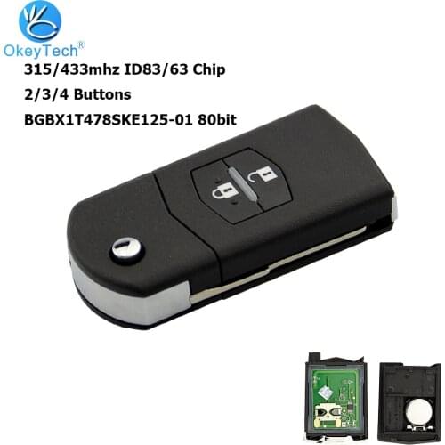 OkeyTech 2/3/4 Button Folding Flip Remote Control Car Key For MAZDA 2 3 5 6 RX8 MX5 315/433mhz ID63 ID83 Chip For MA Uncut Blade