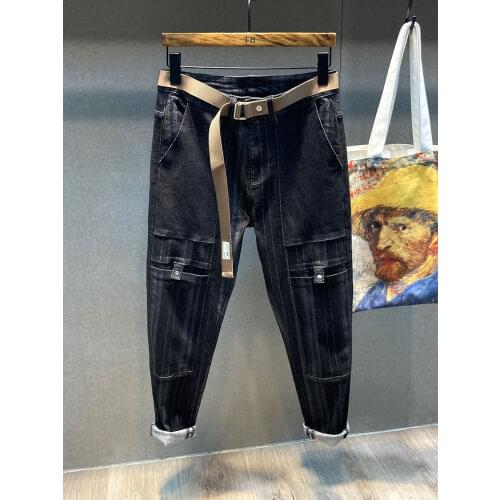 Autumn and winter vertical grain high quality jeans mens small feet Harlem pants loose casual pants striped British pants