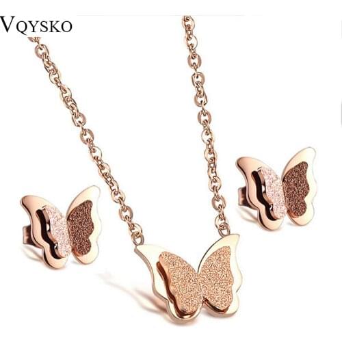 Romantic Butterfly Necklace + Earring Jewelry Sets Fashion Rose Gold-Color Stainless Steel Women Engagement Accessories