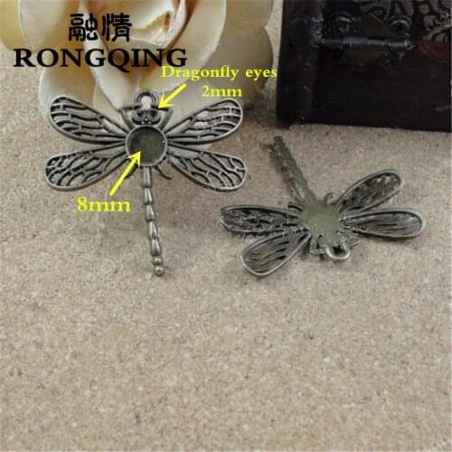 RONGQING 40pcs/lot Antique Bronze 8mm Inner Size Dragonfly Cameo Cab Zinc Alloy Photo Cabochons