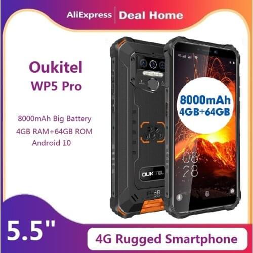 OUKITEL WP5 Pro IP68 Waterproof Smartphone 8000mAh Triple Camera Face/Fingerprint Unlock Android 10 5.5 inches 4GB 64GB Mobile