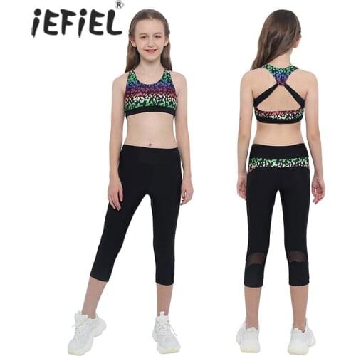 Kids Girls Tracksuit Outfit Digital Print Sleeveless Racer Back Tanks Crop Tops with Leggings Pants for Performance Workout Gym