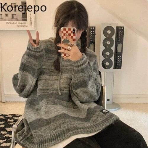 Korejepo Women Retro Style Gradient Hooded Sweater Female 2021 Autumn Winter Korean Chic Casual Loose Knitted Jacket Pullover
