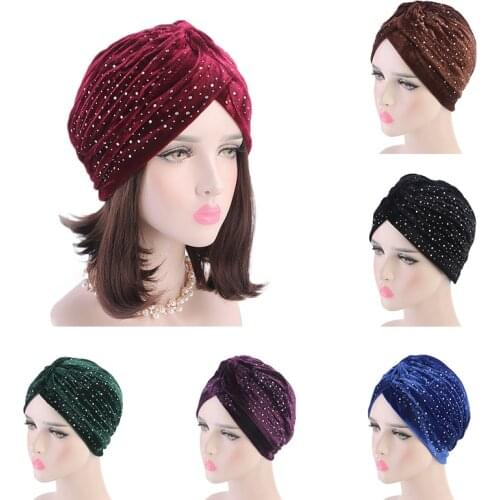 2020 Women Rhinestone Velvet/Knitted Turban Hat Muslim Hijab Scarf Twist Headband Headwrap Winter Ladies Muslim Hijab Turbante