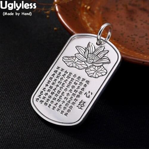 Uglyless Real Solid 99% Pure Silver Square Pendants for Women Buddhism Lotus Necklaces NO Chains Heart Sutra Glossy Fine Jewelry