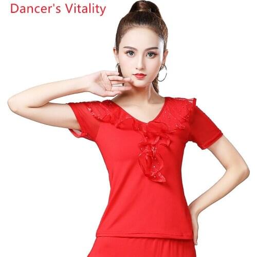 Women Tango Ballroom Tops Waltz Standard Modern Dancing Blouses Performance Wear Top for Foxtrot Quickstep Dance Short Sleeves
