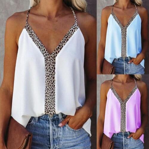 Women Tops Low-Cut V Neck Loose Sexy Ladies Sling Leopard Stitching Blouse Camisole Top for Summer Daily Wear 2021