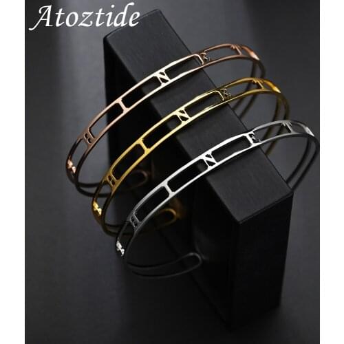 Atoztide New Personalized Custom Name Bangle For Women Stainless Steel Open Size 3 Colors Letter Bracelet Jewelry Birthday Gift