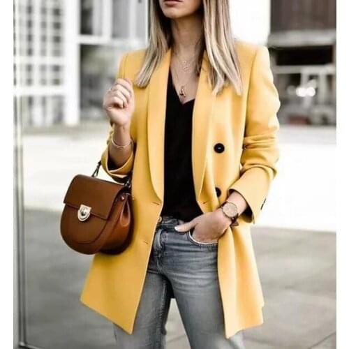 U-SWEAR Women Double Breasted Long Blazers Office Lady Small Suit Jacket Ladies Leisure Yellow Blazer Loose Coat Streetwear