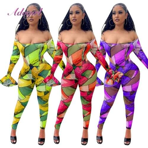 Women Tie Dye Print Two Piece Set Women Off Shoulder Flare Sleeve Bodysuit Top Skinny Pants Suit Sexy Party Club Matching Set