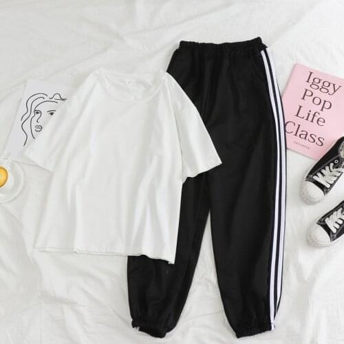 Pajamas Set Women Stripe Color Block Trousers Summer Crewneck Tshirt Korean Nightgown Female Pajama Pyjamas Sleepwear Ladies