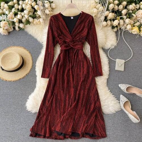 Women Elegant Solid Dress 2020 Autumn Vintage Fashion Chic A-line Party Dress Korean Ins Streetwear Midi Long Dresses DZA362