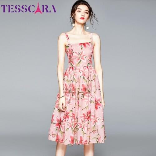 TESSCARA Women Summer Elegant Floral Dress Festa Female High Quality Party Robe Femme Sleeveless Designer Pink Casual Vestidos