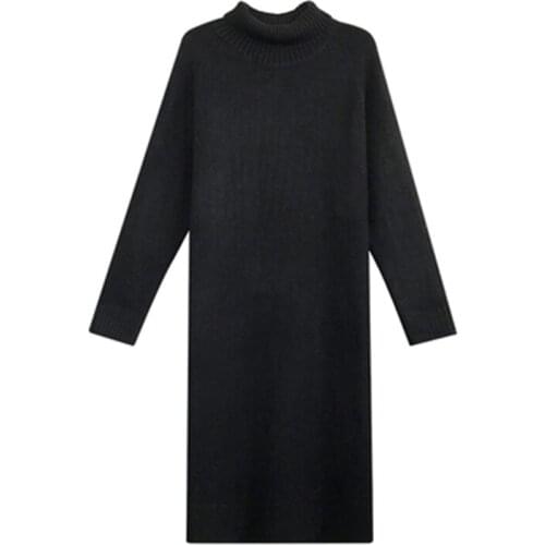 Knitted dress large size high-necked women autumn winter mid-length loose thin solid color single wear base Split vestidos D98