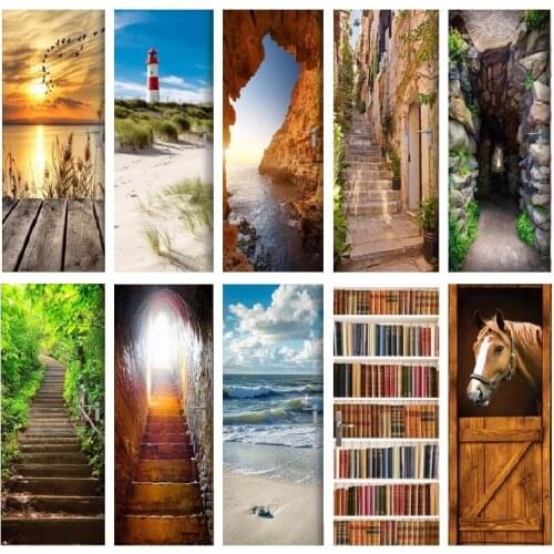 2PCS/SET 3D View Horse Stair Door Wallpaper Self-adhesive Posters DIY Vinyl Wall Sticker Mural Decals Home Decor deurposter