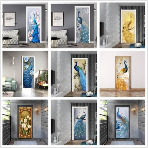 2PCS/SET Cartoon павлин Door Sticker Self-adhesive Removable Poster Rich Tree Wall Decals Living Room Home Design adesivo porta