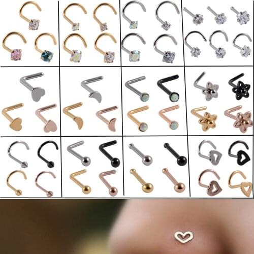 3-4Pcs Nose Screw Ring Stud L Shape Nose Bone Retainer Holder With Heart Ball Desgin Opal Nose Piercing Body Jewelry 20g
