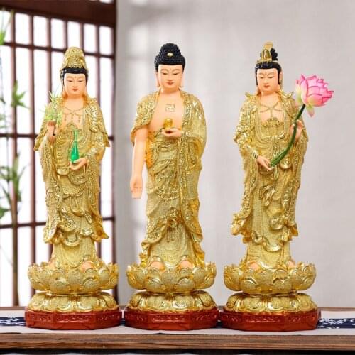 A set 3PCS HOME shrine protection Buddhism XI FANG SANSHENG Standing Guan yin Amitabha Mahasthamaprapta Buddha statue Large 38CM