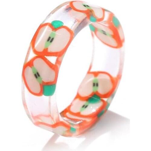 8 Colors Cute Cartoon Strawberry Lemon Apple Pattern Ring Resin Transparent Inside Fruit Finger Ring Girl Romantic Party Jewelry