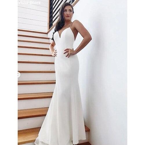 White Prom Dress Sexy V-neck Spaghetti Strap Mermaid Sweep Train Simple Backless Sleeveless Satin Evening Dress вечернее платье