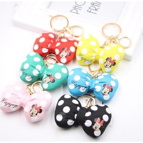 Mickey Bowknot Cotton-filled Keychain Pendant Korean Version Popular Polka Dot Mickey Mouse Bag Car Fabric Key Chain Jewelry
