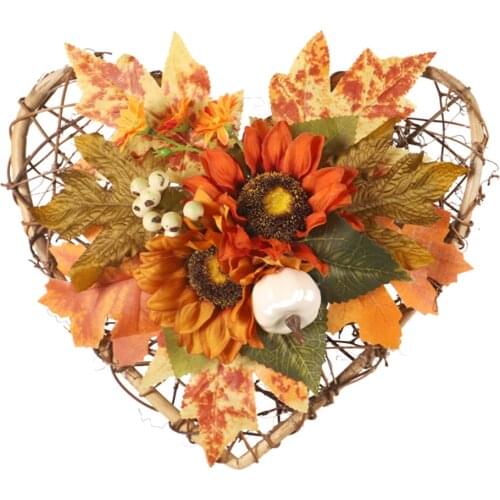 Simulation Pumpkin Sunflower And Maple Leaf Wall Hanging Fall Wreath 28x26cm Rattan Thanksgiving Decor Foam Fashion Heart-shaped