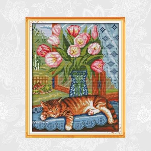 Joy sunday Cat on the windowsill Paintings Cross-stitch Printed Canvas DIY Handmade Embroidery Sets for Needlework Crafts