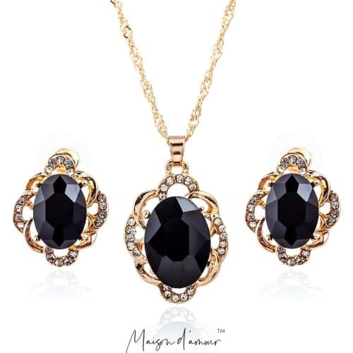 Korean Fashion Bride Wedding Set Blue Black Rhinestone Shiny Jewelry Set Baroque VIntage Style Gold Sivler Plating