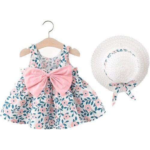 Summer Baby Girls Sleeveless Beach Dress Children Clothing Set Ruffles Princess Dresses Bowknot Skirt Straw Hat Outfits 1 2 3 4Y