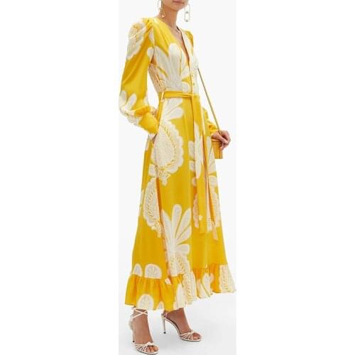 Summer 2021 European High-End Printed V-neck Button Belt Slim-Fit Lantern Sleeves Ruffled Hem Design Pastoral Ladies Long Skirt