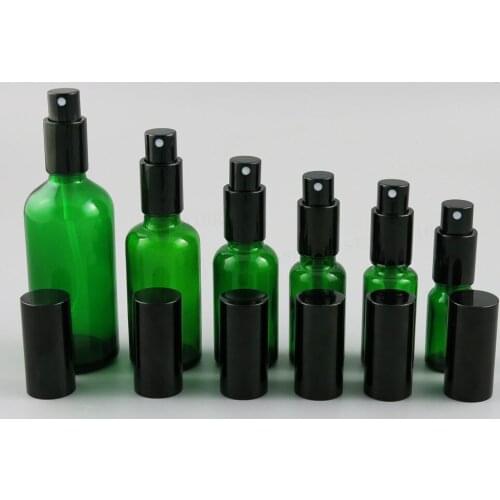 Refillable Green Glass Bottle With Aluminium Mist Sprayer 1oz Glass Parfum Container 100ML 50ML 30ML 20ML 15ML 10ML 12pcs