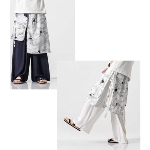 Fashion Chinese Style Traditional Mens Pants Casual Wide-Leg Loose Trousers Cotton and Linen Printed Mens Plus Size M-5XL