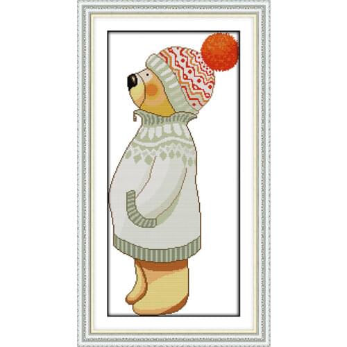 A little bear with a hat cross stitch kit aida 14ct 11ct count printed canvas stitches embroidery DIY handmade needlework