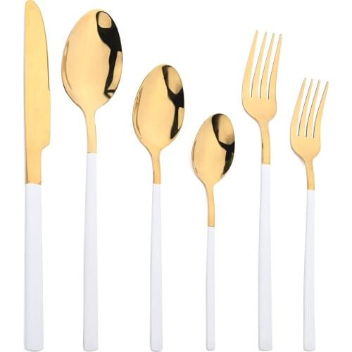 JANKNG Luxury Dinnerware Set White Gold Knife Fork Dessert Tea Spoon Cutlery Set Stainless Steel Silverware Flatware Dinner Set