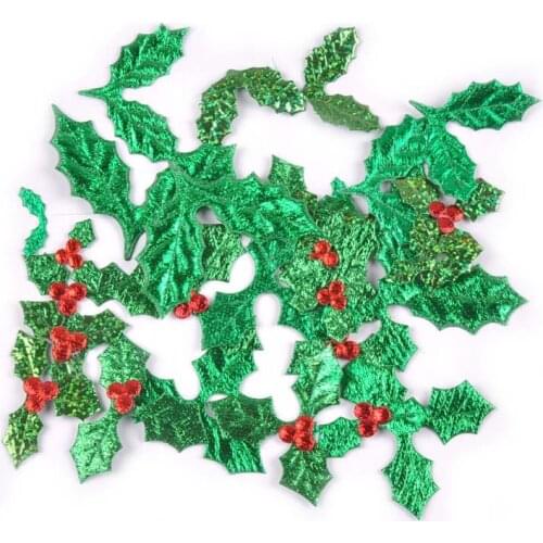 100Pcs Christmas Decor Patches Green Three Leaves Red Fruits Berry Appliques DIY Handmade Accessories Cloth Materials 25-60mm