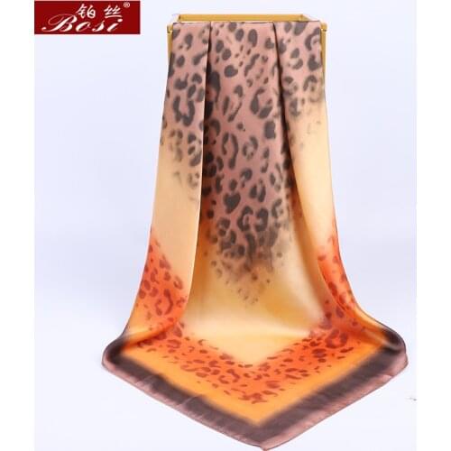 BOSI 2020 New Design Square Silk Scarf 90*90cm Women Luxury Brand Leopard print brown Big Bandana Hijab Satin Scarves Shawl