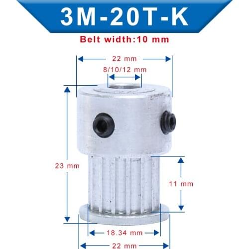 3M-20T Pulley K&BF Shape Bore 4/5/6/6.35/8/10/12mm Slot Width 11 mm pulley wheel Aluminum Material For Width 10mm 3M-Timing Belt